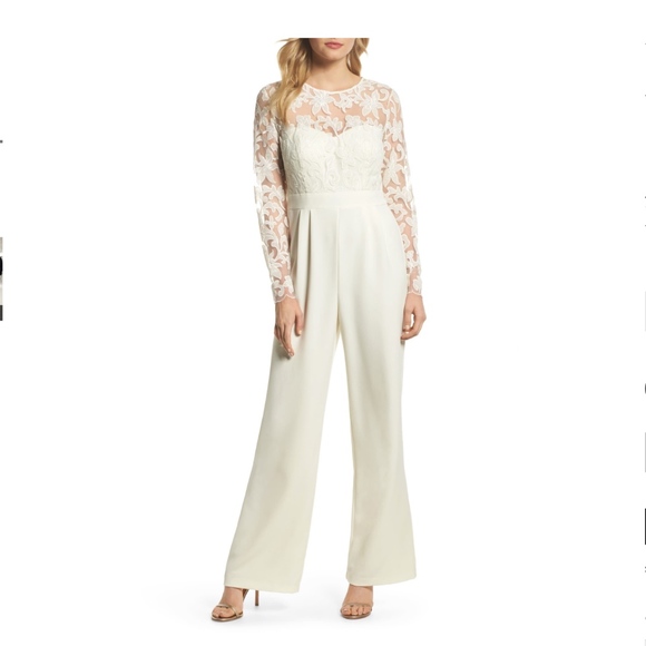 Eliza J Other - Embroidered Bodice Wide Leg Jumpsuit Ivory